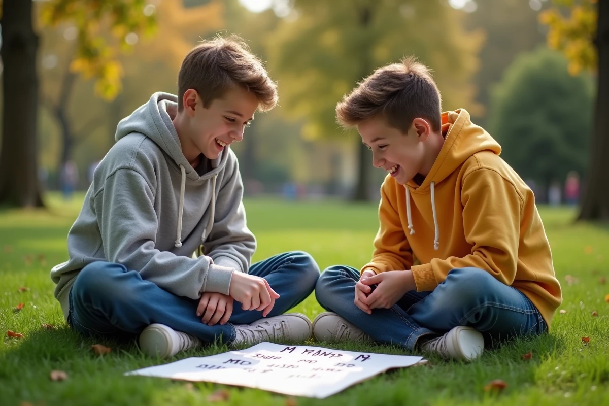 Deux adolescents jouent à un jeu de mots français dans un parc vert