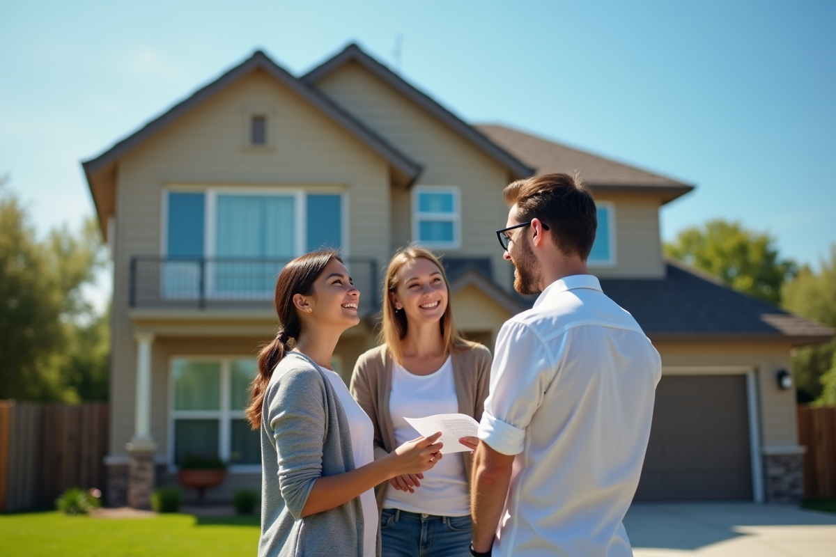 Agent immobilier montrant une maison à un jeune couple en extérieur