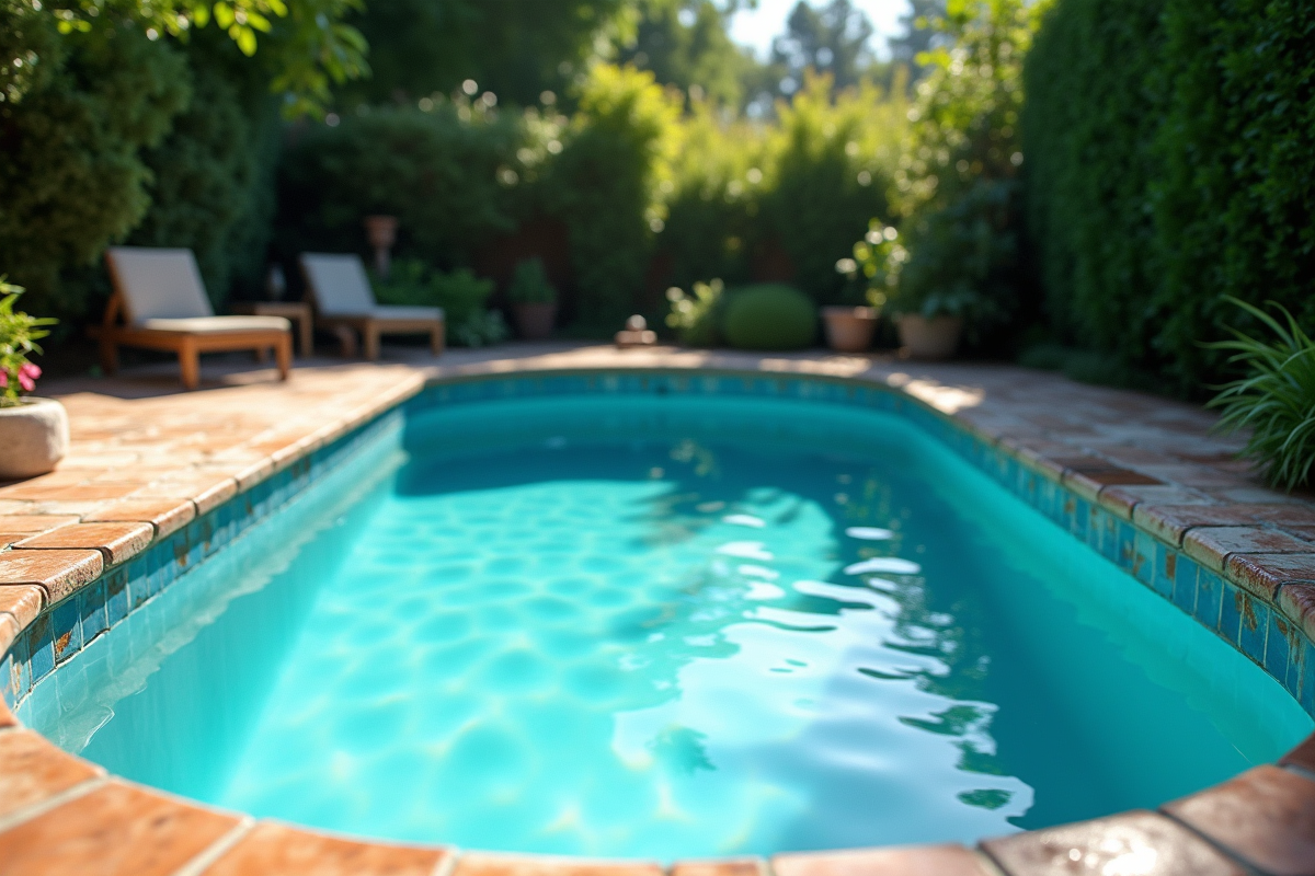 Piscine ancienne dans un jardin avec arbres verts et soleil