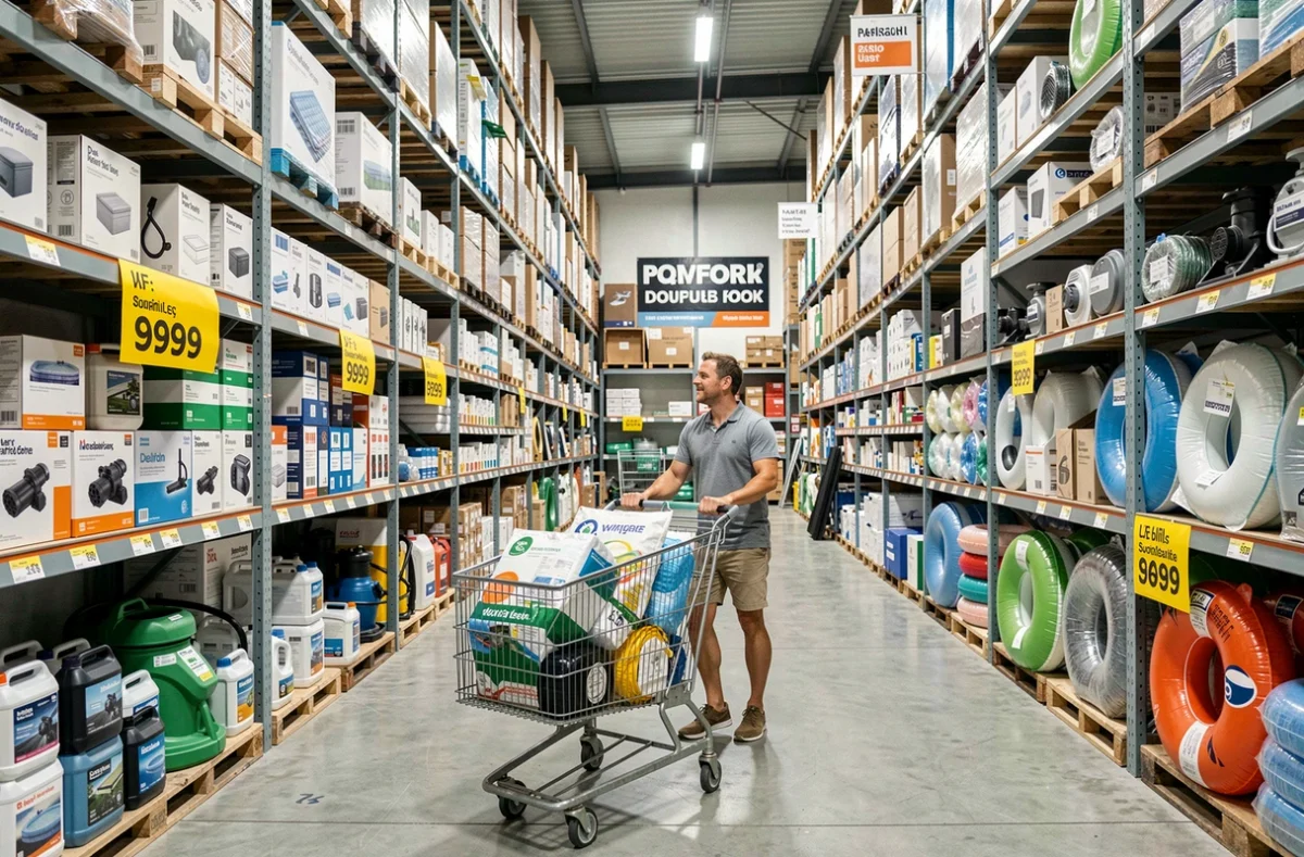 Entrepôt d'Aquadiscount avec ses rayons de produits et équipements de piscine à prix réduit, client avec chariot dans les allées