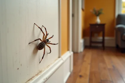 Araignée domestique Tegenaria sur le mur d'un appartement français en automne, avec détails de texture réalistes