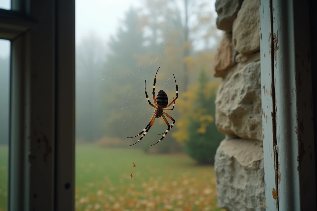 Araignée traversant le cadre d'une fenêtre en bois d'une maison de campagne française à l'automne