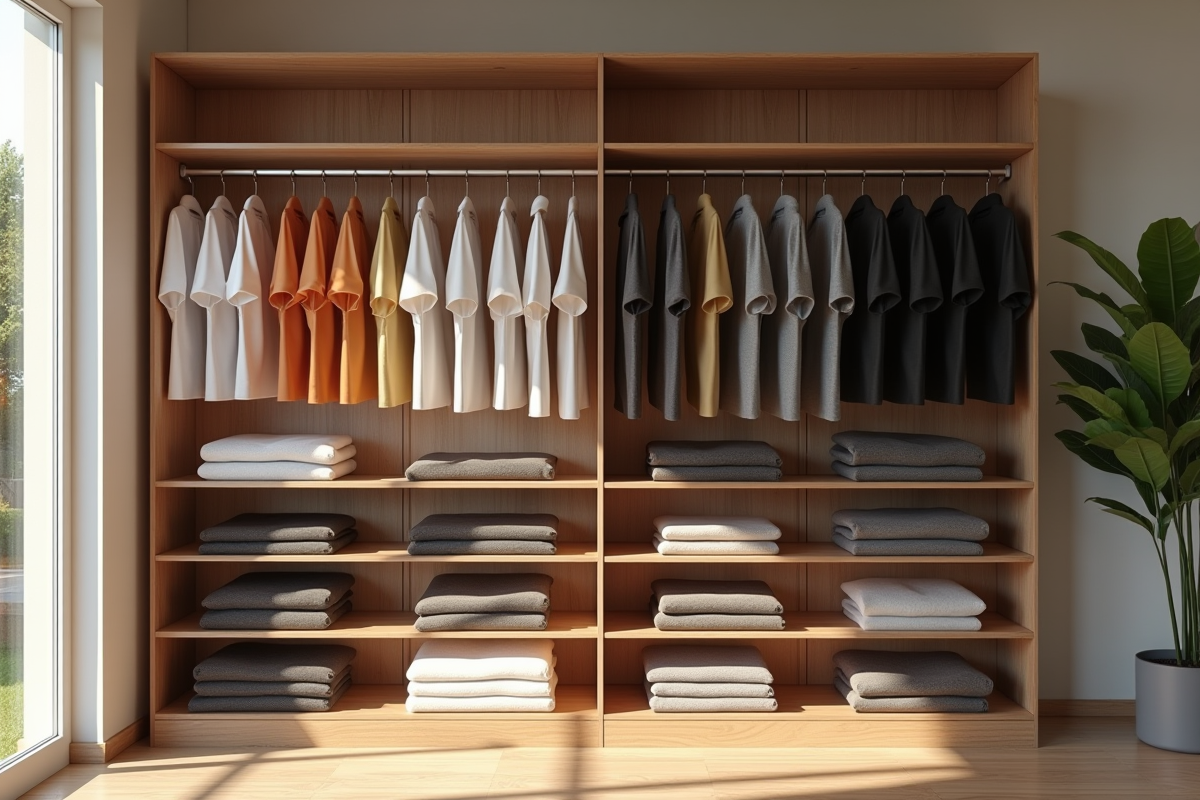 Armoire minimaliste avec t-shirts roulés par couleur en lumière naturelle