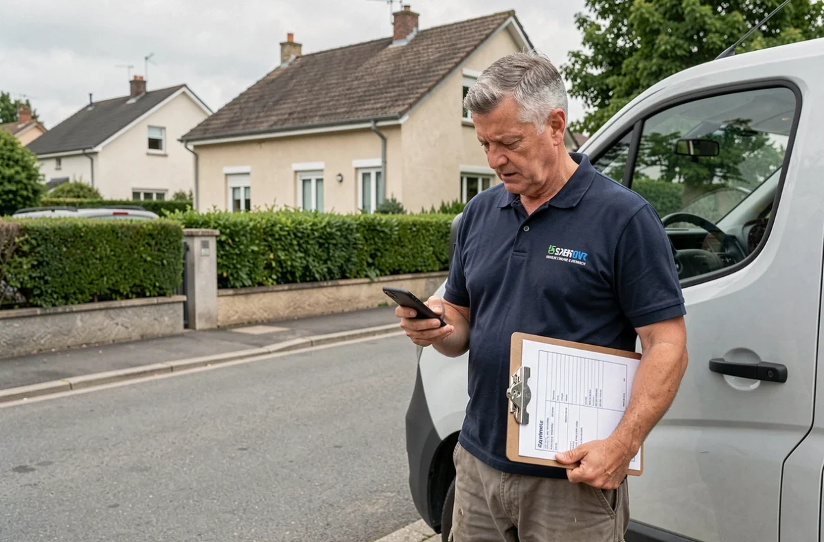 Artisan professionnel consultant une demande de devis travaux sur son smartphone devant son véhicule utilitaire dans une rue résidentielle