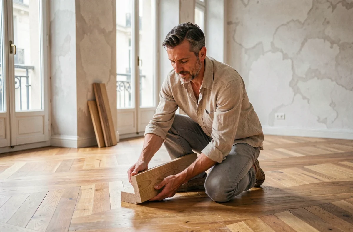 Artisan poseur de parquet examinant un parquet massif en chêne dans un appartement haussmannien