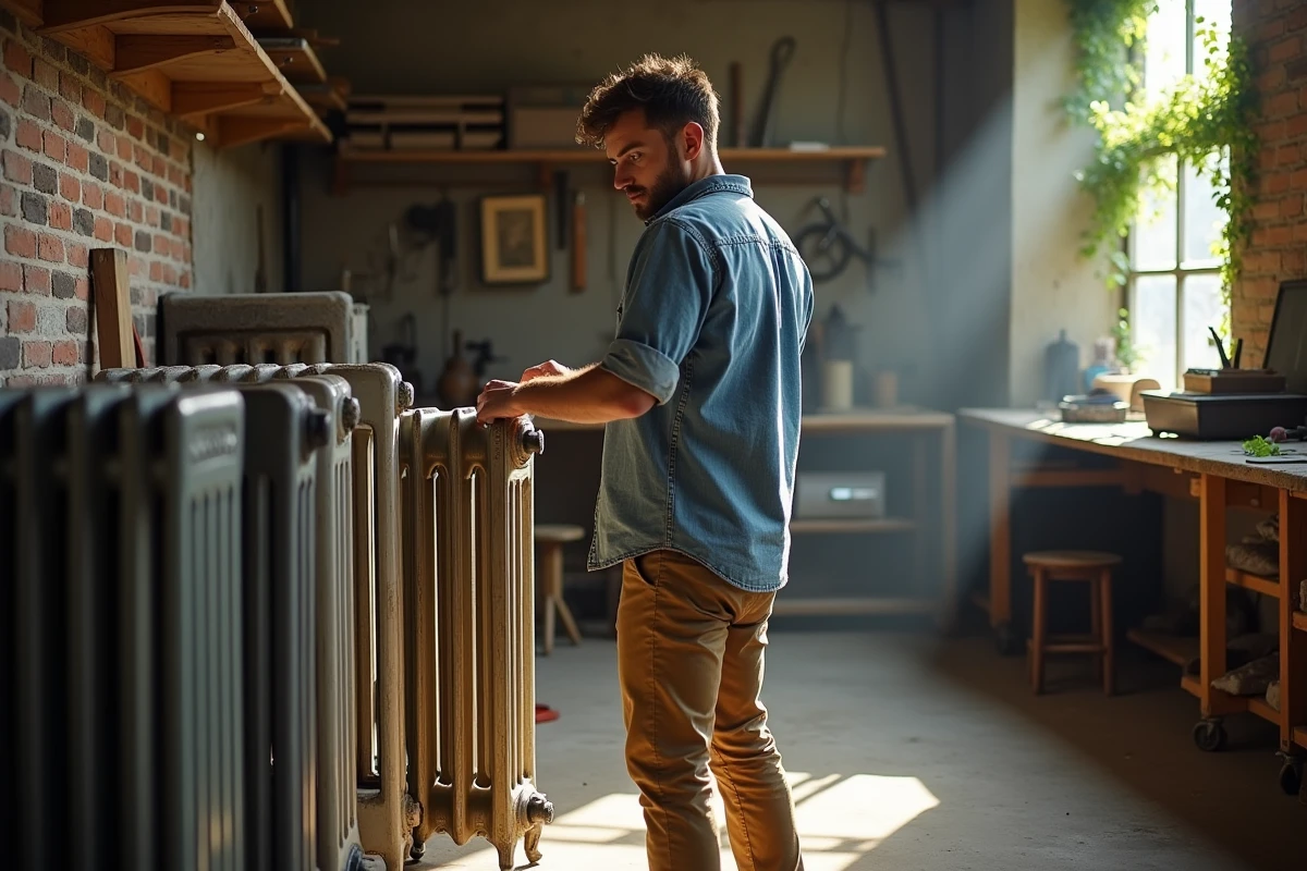 Jeune homme inspectant des radiateurs en atelier vintage lumineux