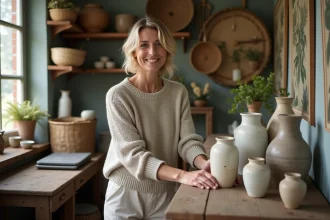 Femme arrangeant des vases en céramique dans un atelier vintage