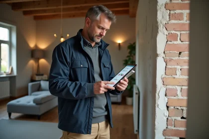 Auditeur énergétique professionnel inspectant l'isolation d'un logement résidentiel avec une tablette numérique affichant un bilan énergétique