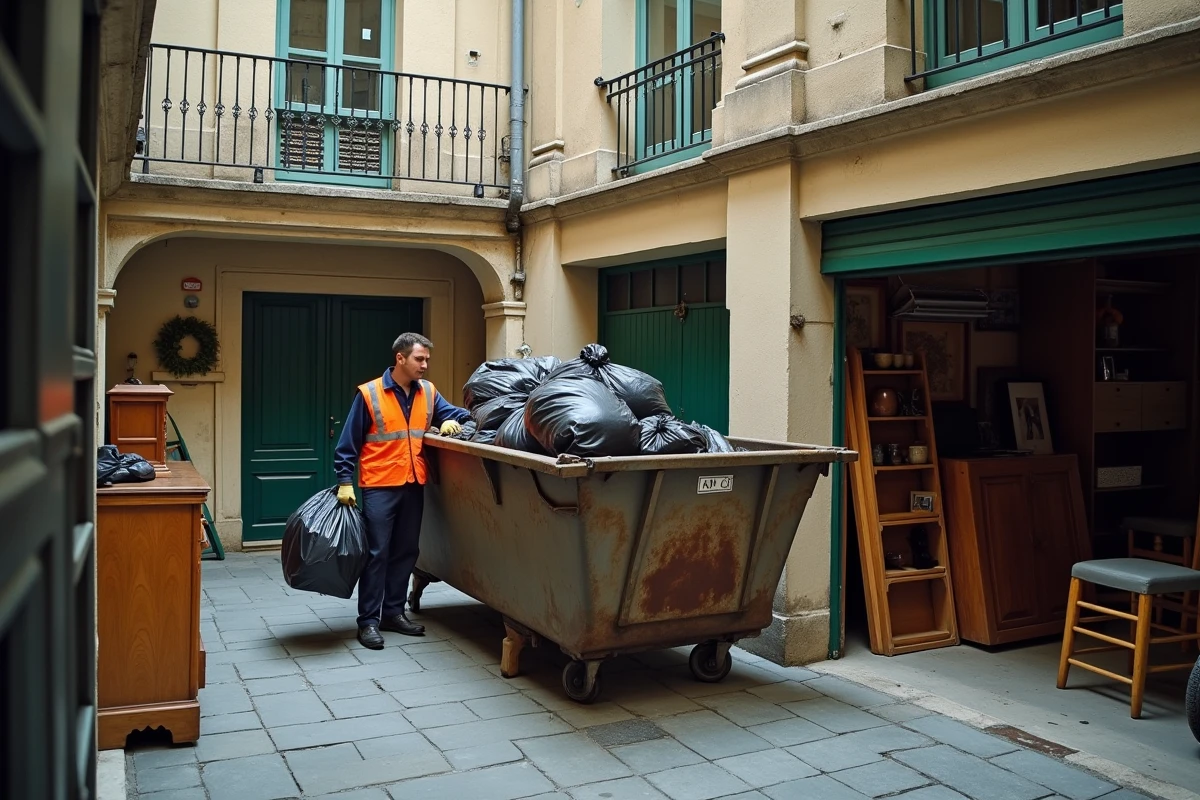 Opération de débarras de garage en copropriété avec benne et agent de collecte dans une cour d'immeuble parisien