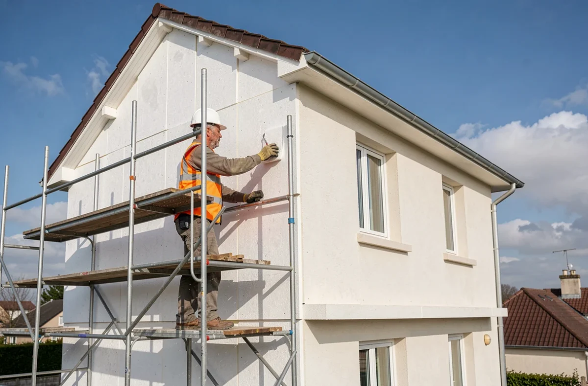 Technicien sur échafaudage posant des panneaux d'isolation thermique par l'extérieur sur une façade de maison