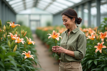 Botaniste femme inspectant un lys dans un serre moderne