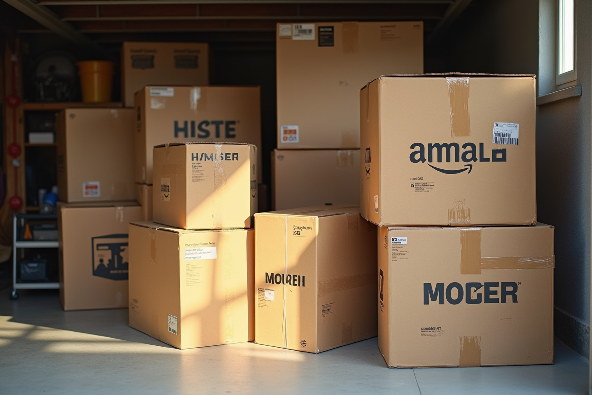 Pile de boîtes de téléviseurs dans un garage organisé et lumineux