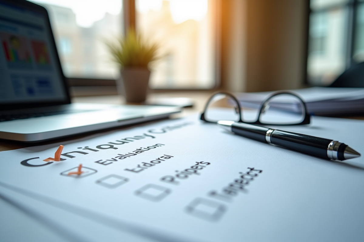 Bureau avec documents et ordinateur pour evaluation d