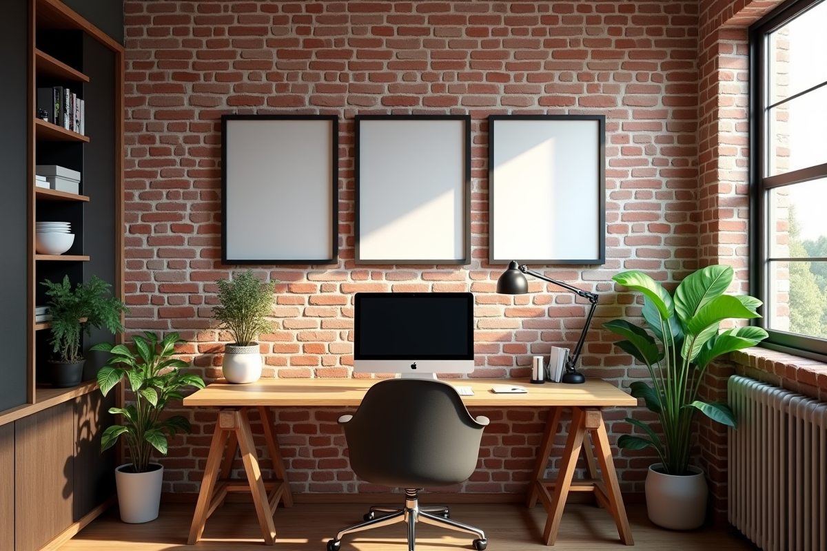 Espace de bureau cosy avec mur en briques et photos en noir et blanc