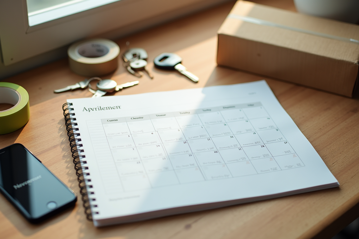 Calendrier et clés de maison sur un bureau en matinée