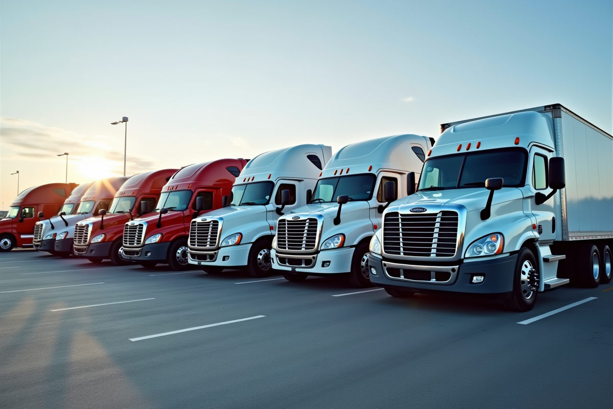Différents camions de déménagement dans un parking bien éclairé