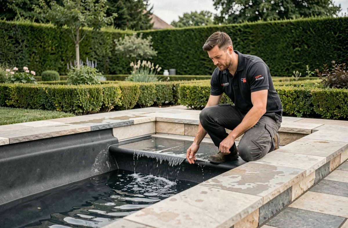 Installateur de Carré Bleu inspectant les finitions d'une piscine haut de gamme à débordement dans un jardin d'Indre-et-Loire