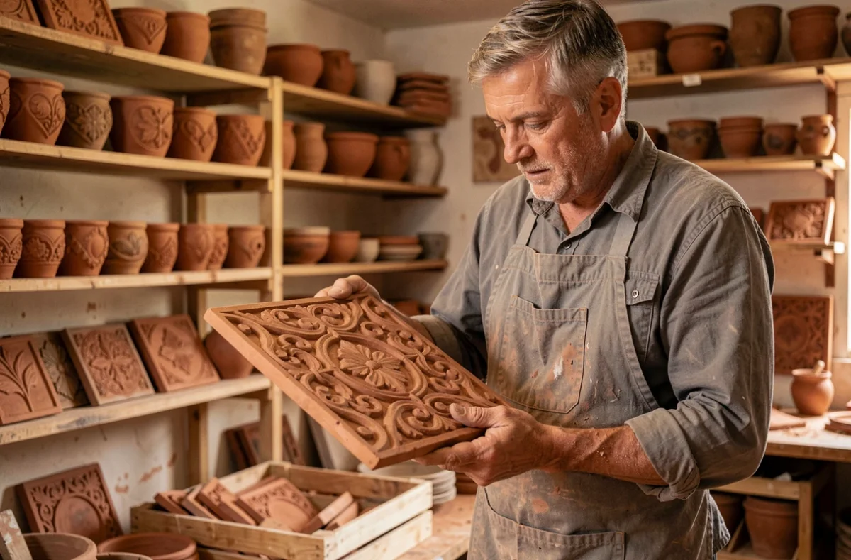 Artisan des Carreaux de Lanvaux inspectant un carreau en céramique artisanale dans son atelier