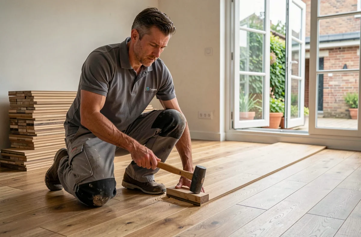 Artisan Cedricmerreaux installant un parquet en bois dans un salon en cours de rénovation dans la Marne