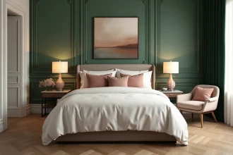 Chambre style hôtel 5 étoiles avec murs vert sauge, parquet en chêne et linge de lit blanc immaculé