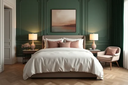 Chambre style hôtel 5 étoiles avec murs vert sauge, parquet en chêne et linge de lit blanc immaculé