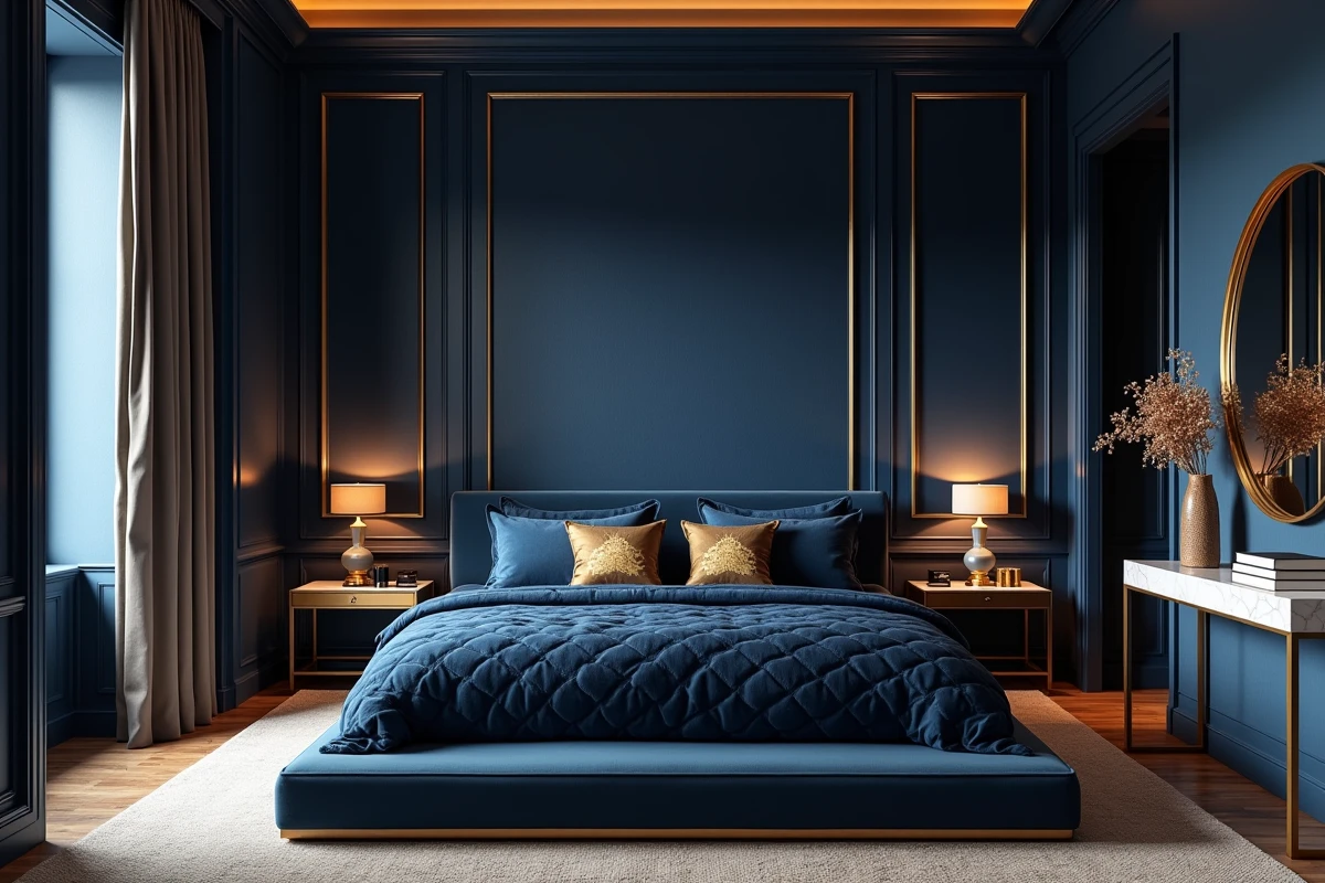 Chambre principale style palace avec murs bleu marine, moulures dorées et couvre-lit en velours luxueux