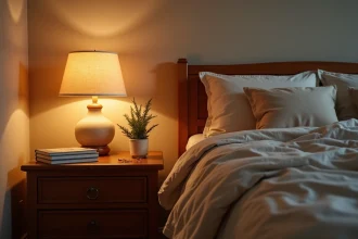 Coin de chambre parentale chaleureuse le soir avec lampe de chevet ambrée et literie en lin ivoire