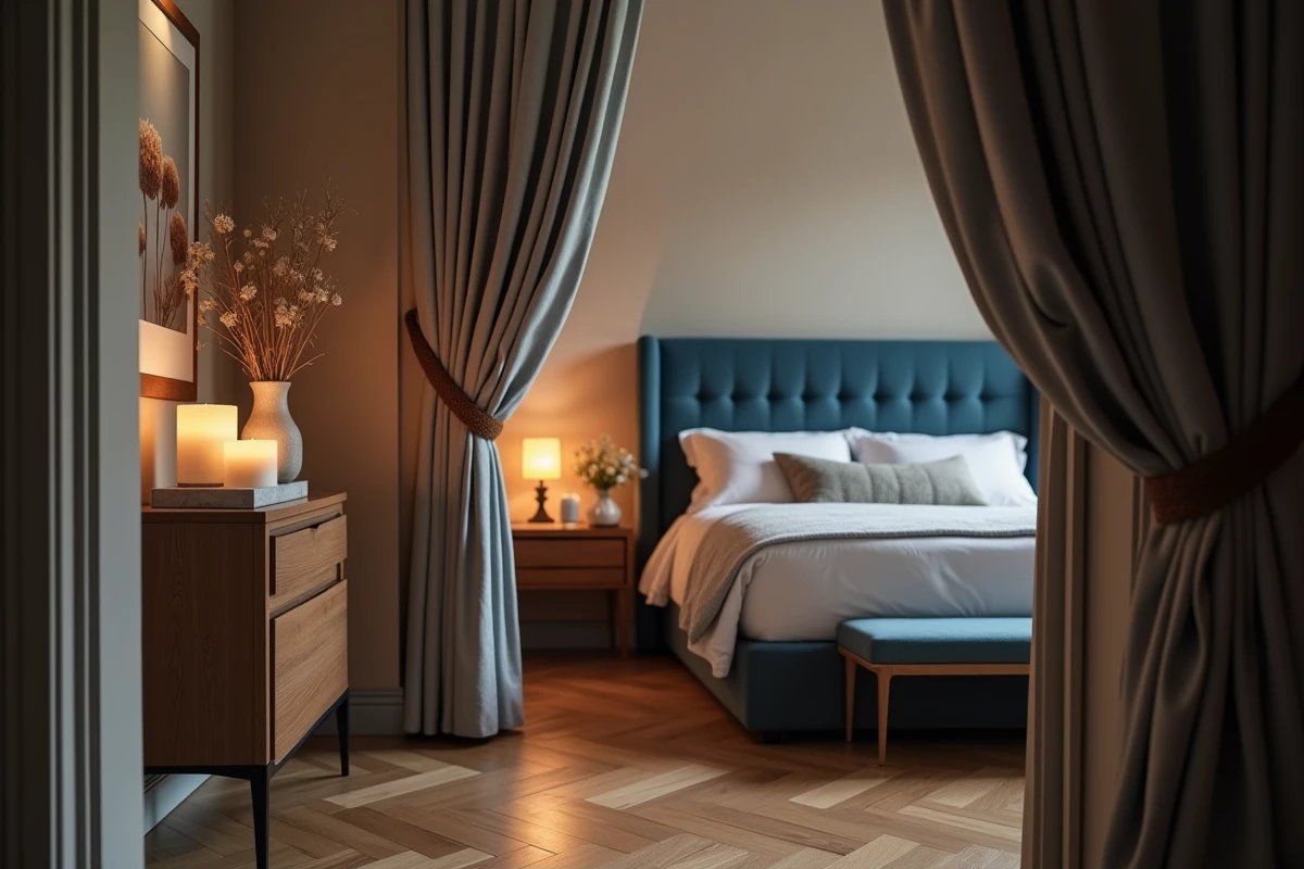 Chambre parentale vue depuis le couloir avec bougies, parquet en chêne et tête de lit en velours bleu