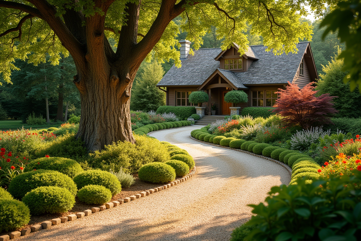 Allée en gravier rustique serpentant dans un jardin avec arbres et plantes colorées
