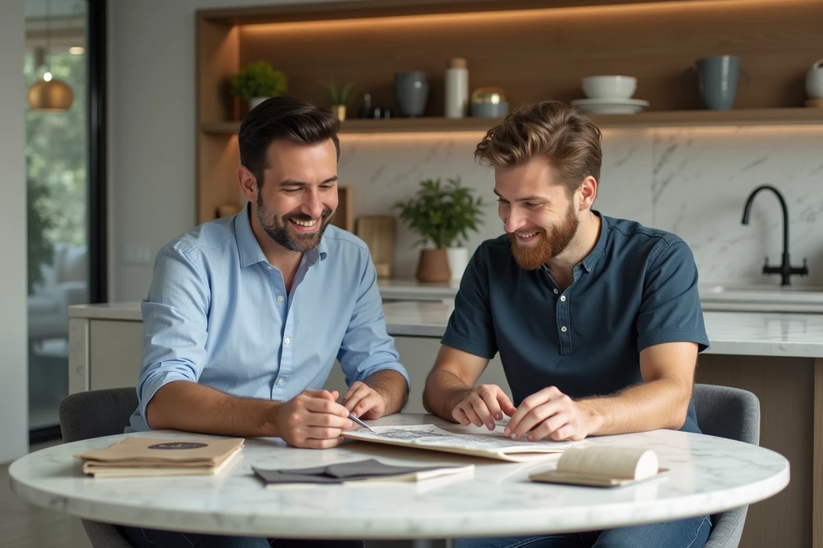 Jeune client examinant des échantillons de tissus avec decoratrice