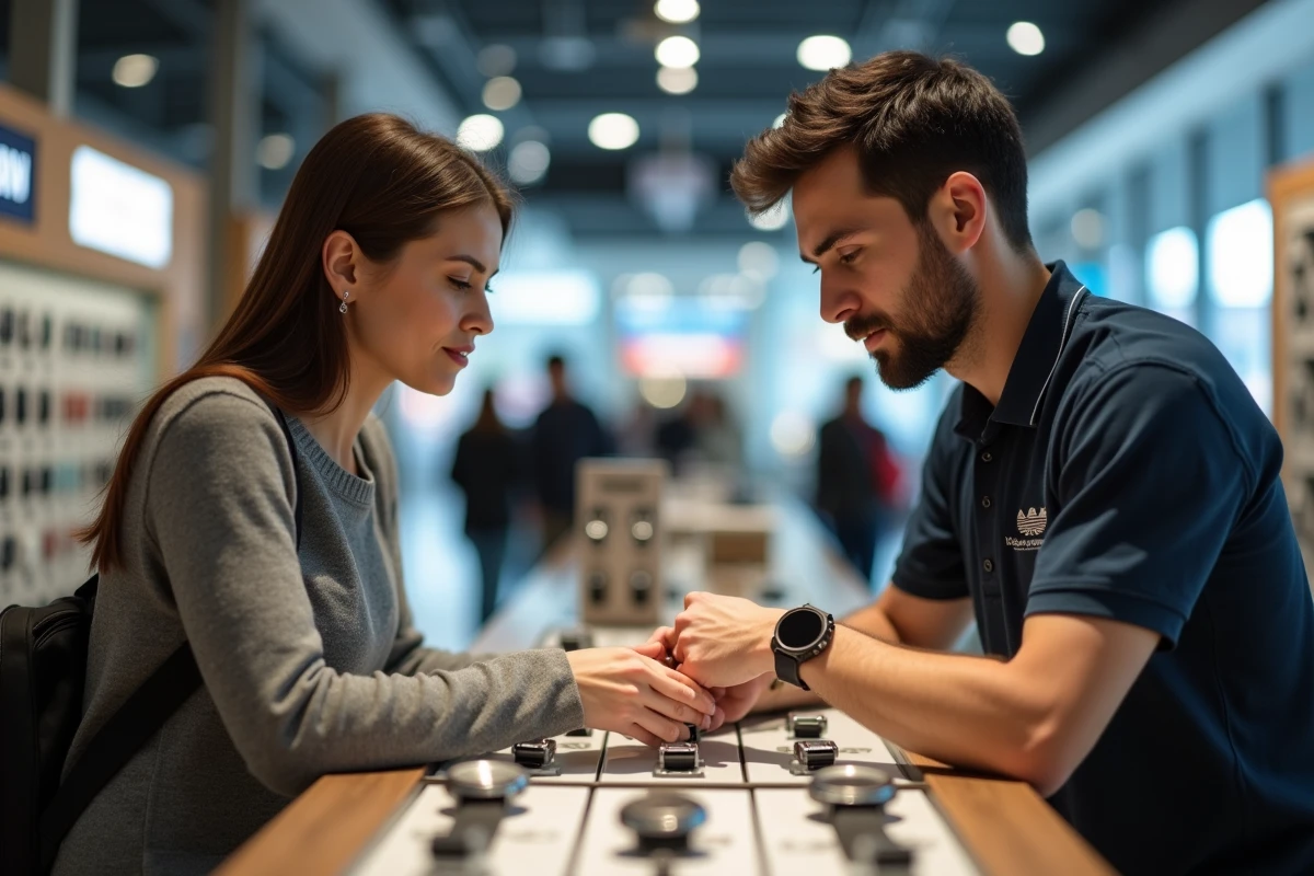 Cliente déposant sa montre pour un changement de pile express dans une boutique de centre commercial