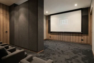 Cloison demi-hauteur en tissu acoustique dans une salle de home cinéma moderne avec sièges rembourrés et écran de projection