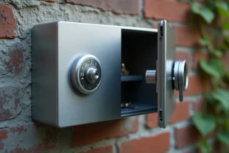 Coffre à clé extérieur en acier inoxydable fixé sur mur en béton avec serrure à combinaison et clés visibles