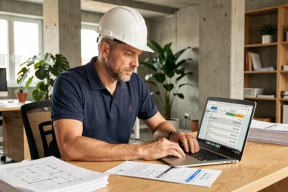 Artisan du bâtiment comparant des devis travaux en ligne sur un ordinateur portable dans un bureau moderne