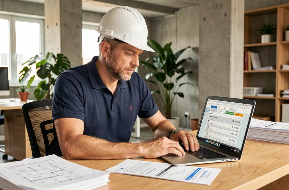 Artisan du bâtiment comparant des devis travaux en ligne sur un ordinateur portable dans un bureau moderne