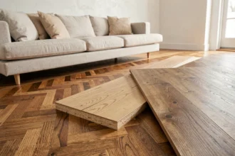 Comparaison de trois types de parquets : massif, contrecollé et stratifié dans un salon scandinave