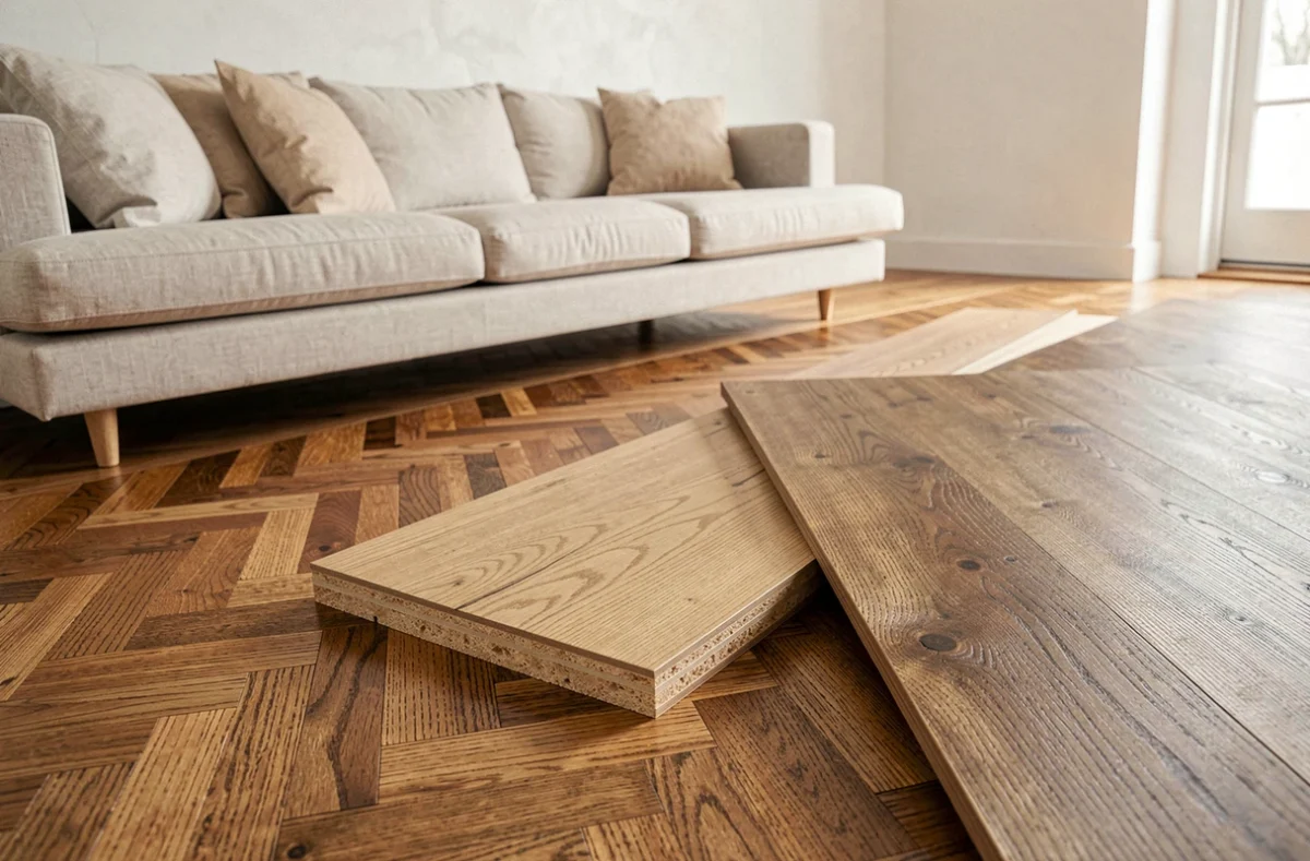 Comparaison de trois types de parquets : massif, contrecollé et stratifié dans un salon scandinave