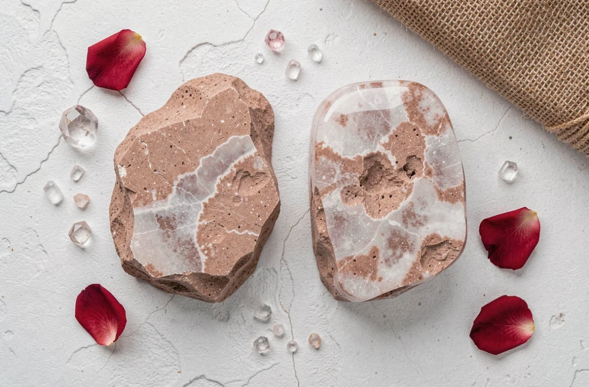 Comparaison côte à côte de pierres roses des sables brutes et polies en vue aérienne pour un article sur les rituels