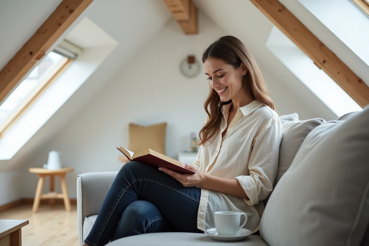 Femme se relaxant dans un espace de vie sous les combles bien isolé thermiquement en hiver