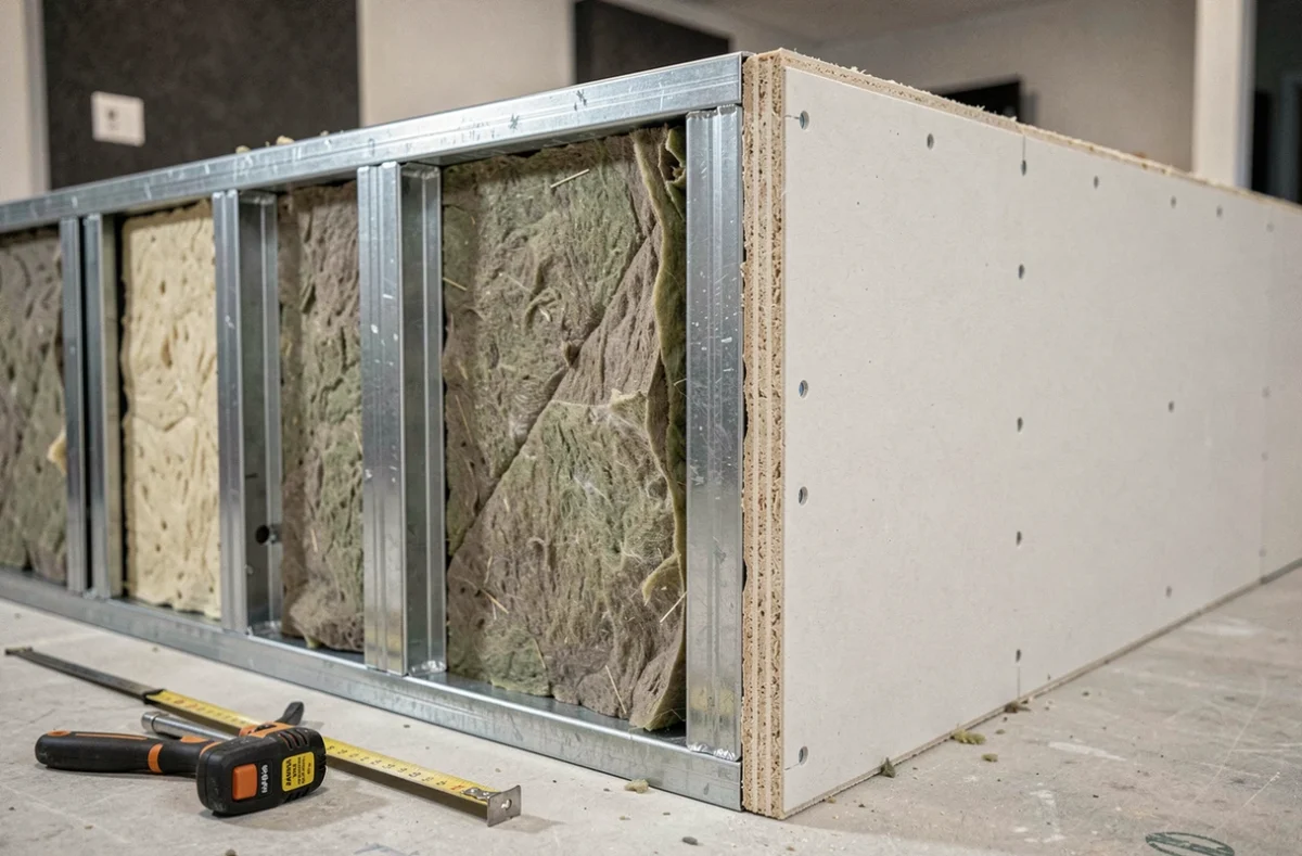 Détail de construction d'une cloison acoustique demi-hauteur avec laine minérale et montants métalliques pour home cinéma