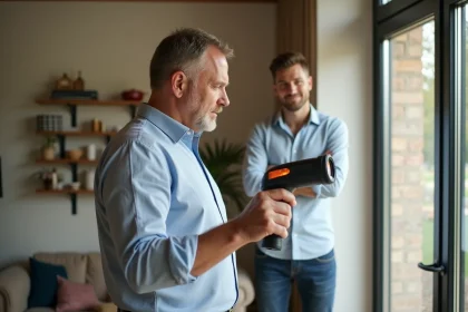 Consultant thermique utilisant une caméra thermique dans un salon moderne