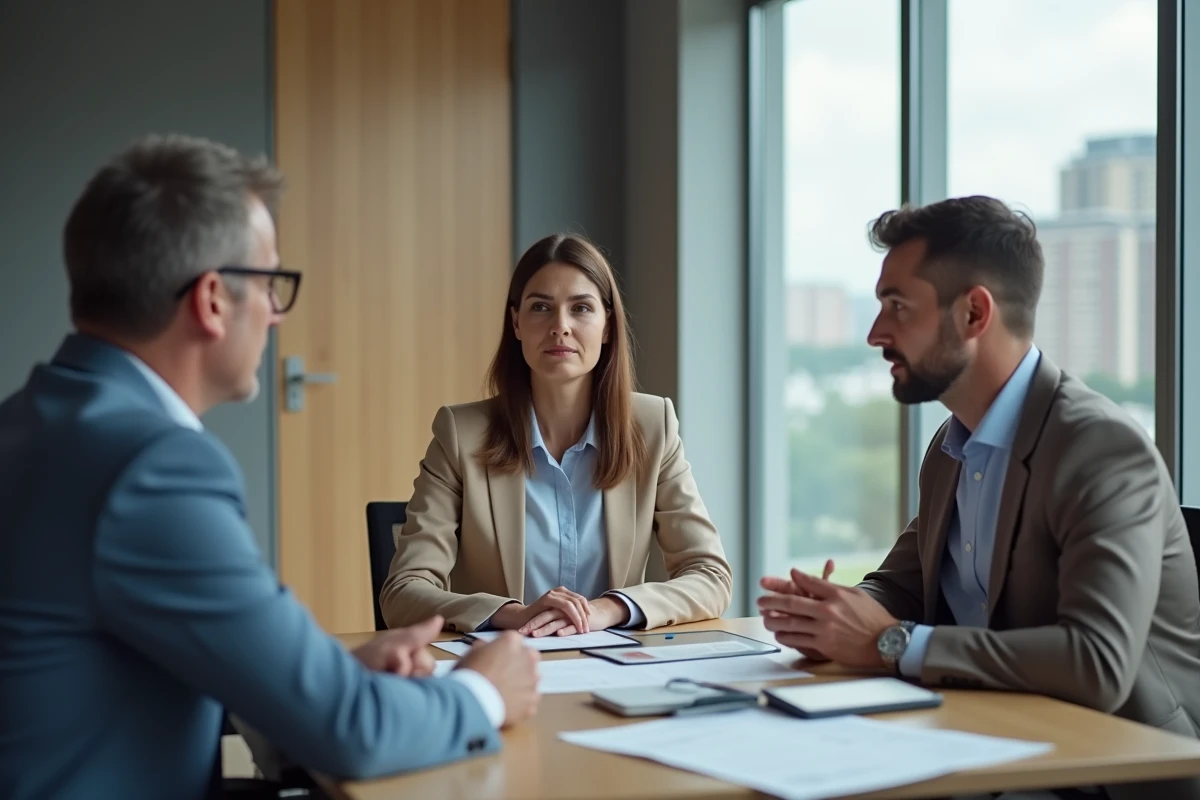 Consultante femme discutant avec deux clients en réunion