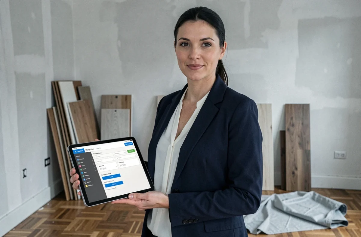 Femme propriétaire utilisant une tablette pour contacter un artisan via une plateforme de devis travaux en ligne dans un salon en rénovation