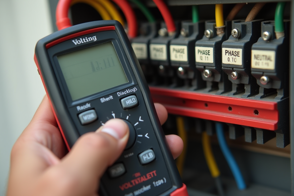 Main d'électricien avec testeur devant un tableau électrique