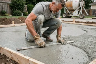 Homme en train de lisser une dalle béton fraîchement coulée dans un jardin résidentiel, travaux de bricolage sur environ 20 m²