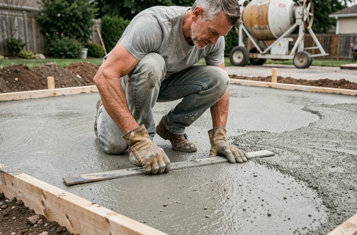Homme en train de lisser une dalle béton fraîchement coulée dans un jardin résidentiel, travaux de bricolage sur environ 20 m²