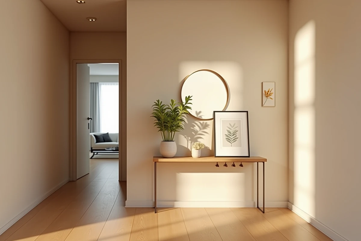 Couloir étroit décoré en style moderne chaleureux avec console en bois clair, miroir arrondi et parquet en chêne