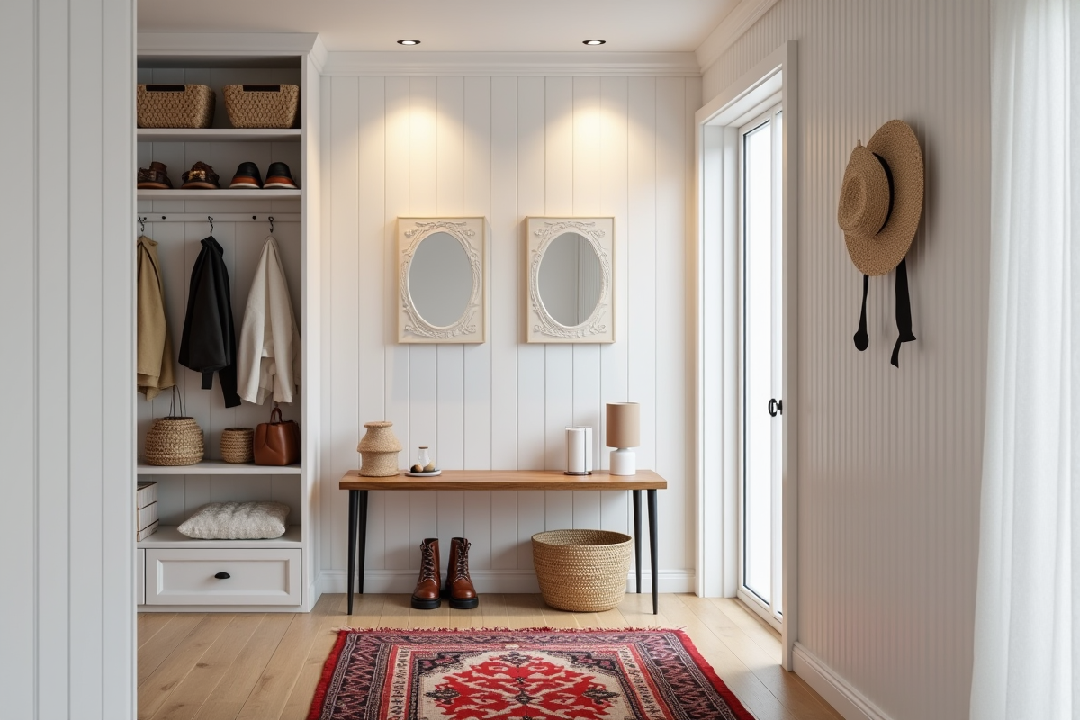 Couloir scandinave avec rangement à chaussures et tapis coloré