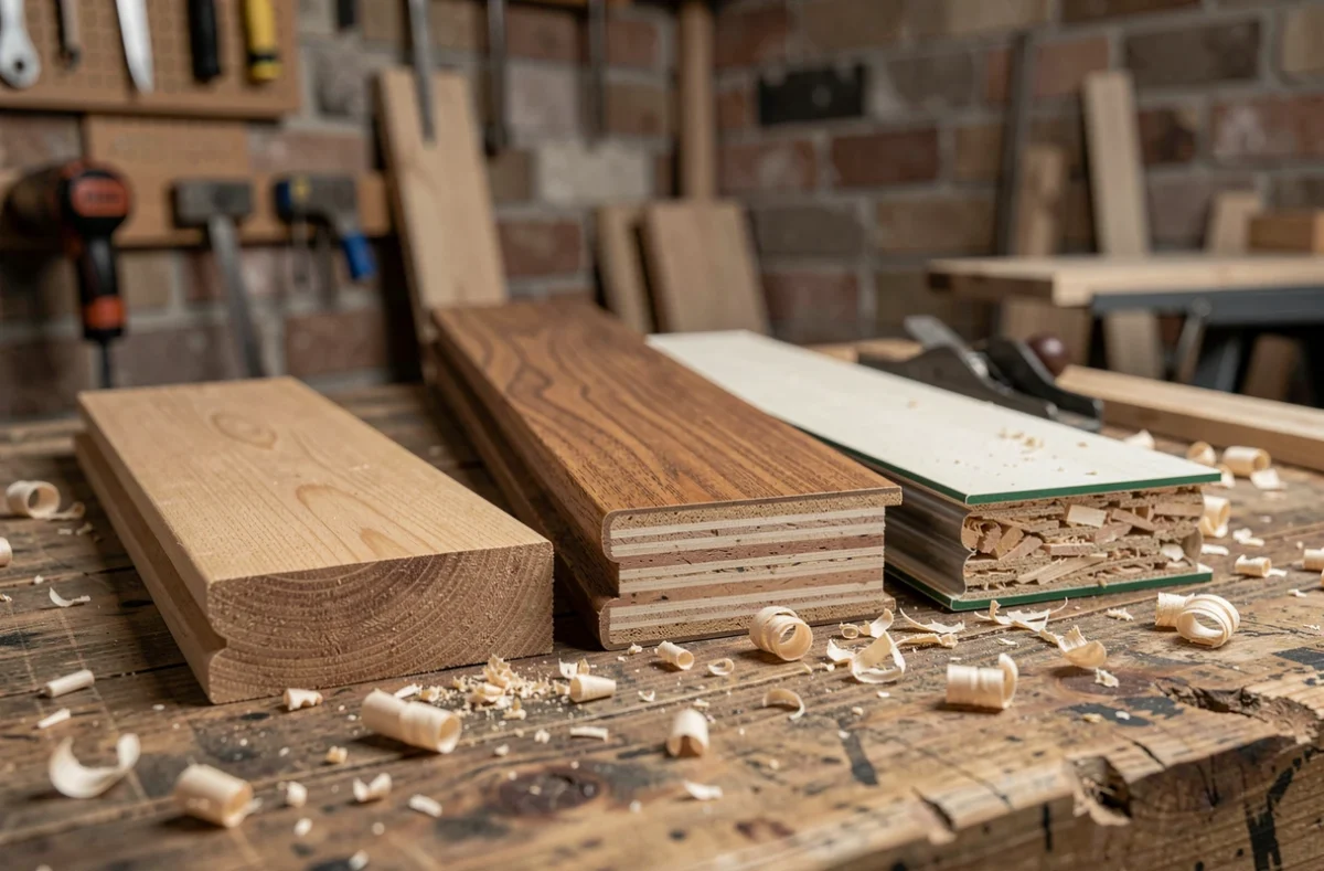 Coupe transversale de planches de parquet massif, contrecollé et stratifié sur un établi d'atelier