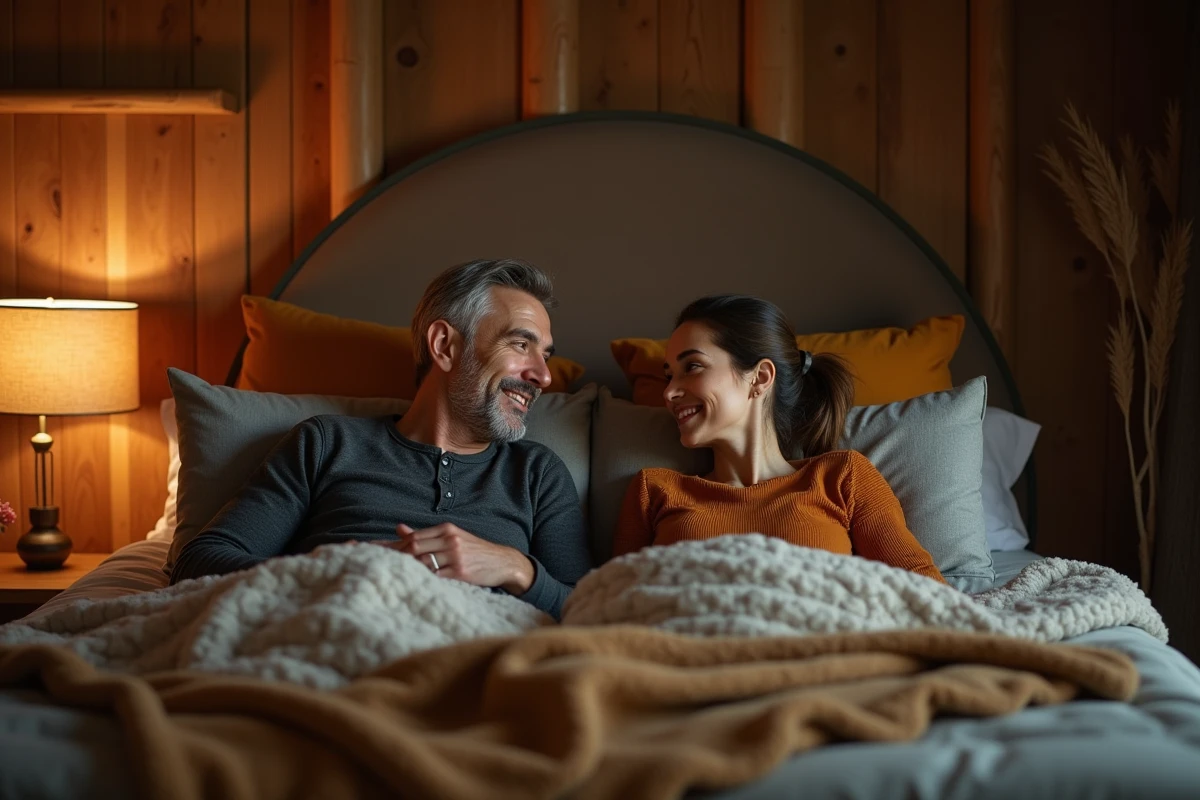 Couple détendu dans une chambre parentale chaleureuse avec poutres en bois et décoration cosy le soir
